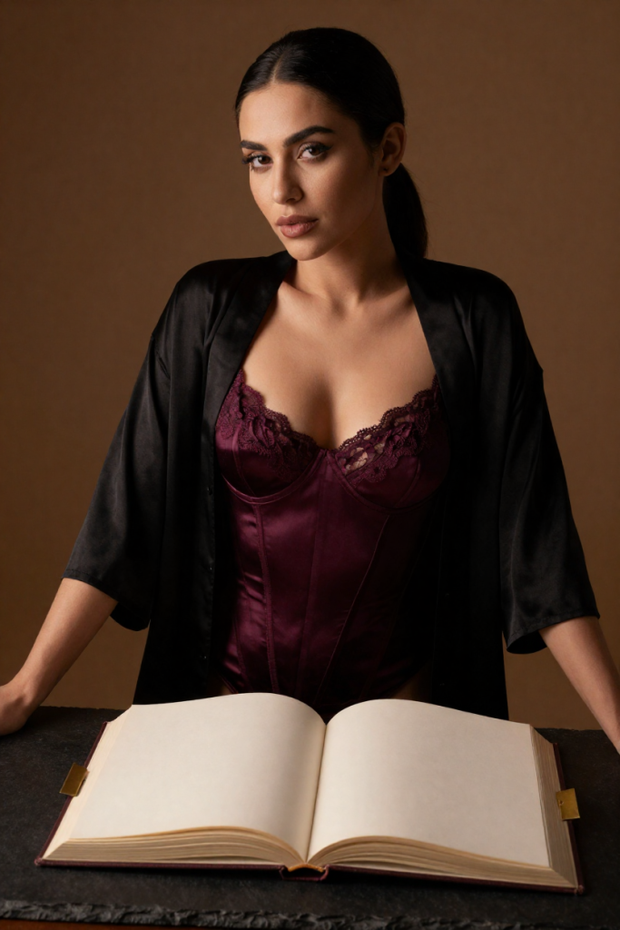 ChuhaiTu atlas room portrait - fictional 27-year-old muse in deep-plum satin corset and wine lace beside a large open book with completely blank pages